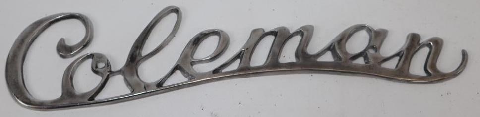 Coleman Radiator Emblem Script: cast aluminum, it has been recast, 14" x 3.5"