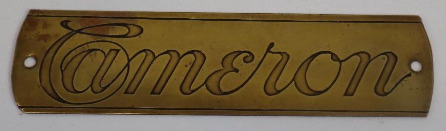 1910 Cameron Brass ID/Body Name Tag: 6" long
