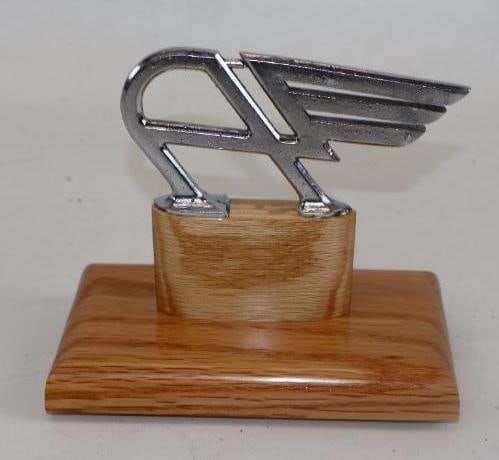 1946-60 Austin Flying A Automobile Radiator Mascot Hood Ornament: Mounted on custom oak base, 6" x 3.50" x 5.50" including base