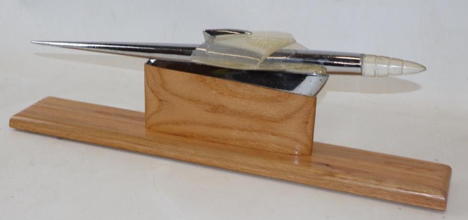 1952 Kaiser Frazer Automobile Radiator Mascot Hood Ornament: Mounted on custom oak base, 22" x 3.50" x 6" including base