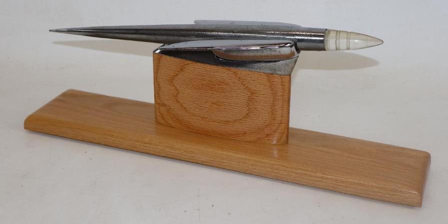 1953 Kaiser Frazer Automobile Radiator Mascot Hood Ornament: Mounted on custom oak base, 17.5" x 3.50" x 6 .50" including base