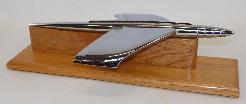 1953 Kaiser Frazer Automobile Radiator Mascot Hood Ornament: Mounted on custom oak base, 20"x 5.50"x 5.50" including base