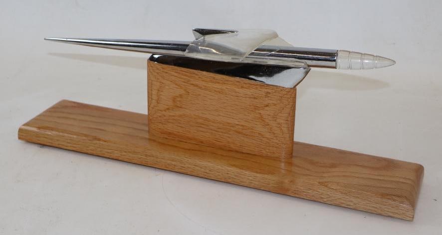 1952 Kaiser Frazer Automobile Radiator Mascot Hood Ornament: Mounted on custom oak base, 17.50"x 3.50"x 6" including base