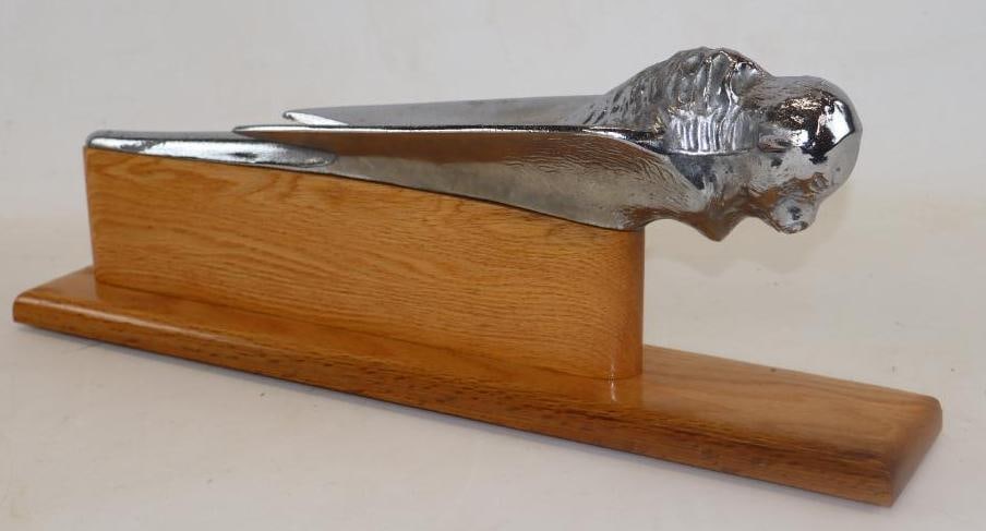 1941 Kaiser Frazer Radiator Mascot Hood Ornament: Mounted on custom oak base, 19" x 3.50" x 7" including base