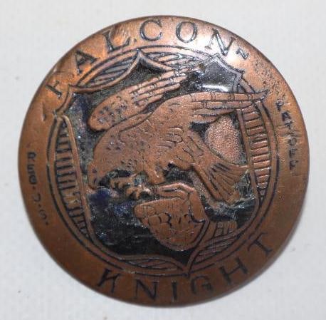 1927-1929 Falcon Motors Corp. Elyria, OH Falcon-Knight Automobile Radiator Emblem: 2" diameter, marked Reg U.S. Pat. Off.
