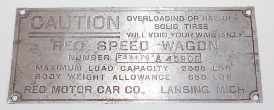 1920's Reo Speedwagon Truck Serial Data Tag Emblem (1 of 2)