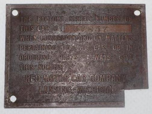 1920's Reo Motor Car Co Serial Data Tag Emblem (1 of 2)