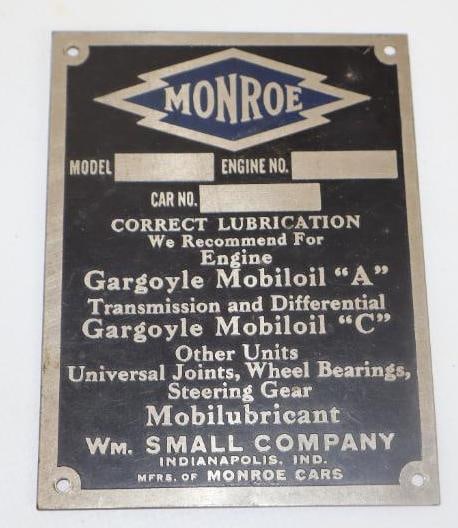 1920's Monroe Motor Car Co Serial Data Tag Emblem (1 of 2)
