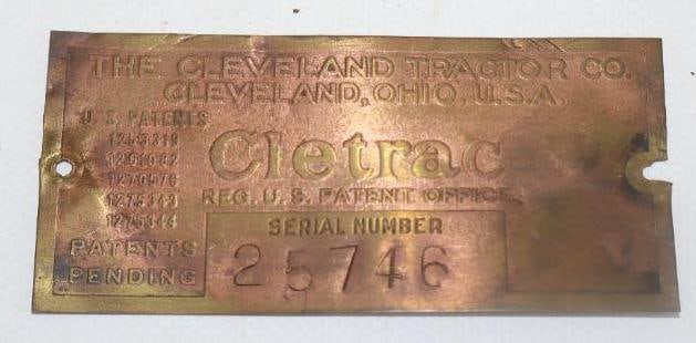 Cleveland Tractor Co Cletrac Serial Data Tag Emblem: 3.75" x 1.75"