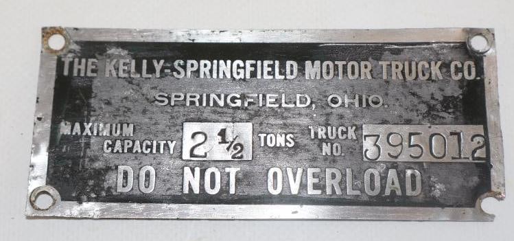 Kelly Springfield Motor Truck Co Serial Data Tag Emblem (1 of 2)