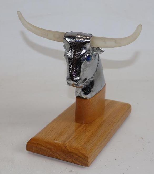 Long Horn Bull Aftermarket Automobile Radiator Mascot Hood Ornament: Mounted on custom oak base, 7" x 3.50" x 6" including base