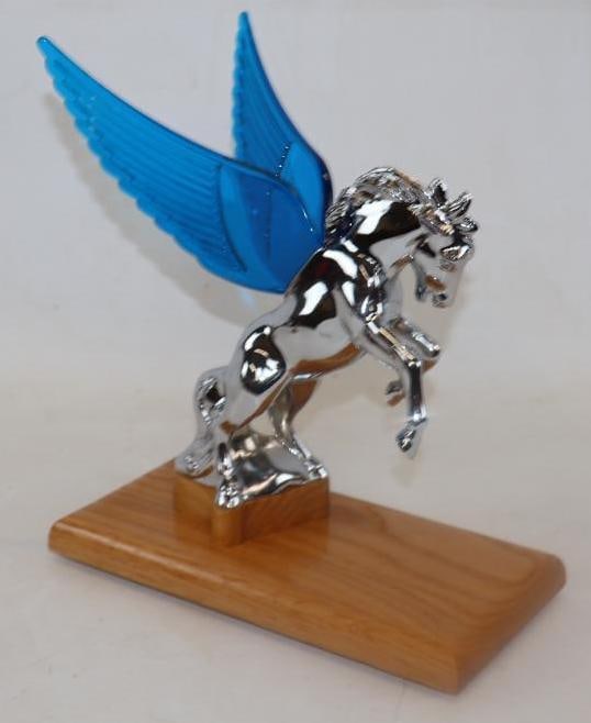 Leaping Wing Horse Aftermarket Automobile Radiator Mascot Hood Ornament: Mounted on custom oak base, 4.25" x 8.50" x 11" including base