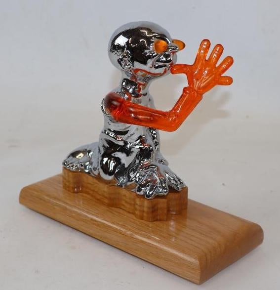 Man Thumbing Nose Light Up Aftermarket Automobile Radiator Mascot Hood Ornament: Mounted on custom oak base, 3.50" x 8" x 7" including base