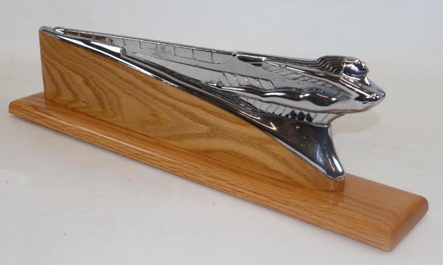 1942/48 DeSoto Automobile Radiator Mascot Hood Ornament: Mounted on custom oak base, 20.50" x 3.50" x 6" including base