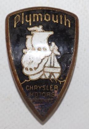 1931-1937 Chrysler Plymouth Radiator Emblem Badge: cloisonne, 1.75" x 1.25", with touchup