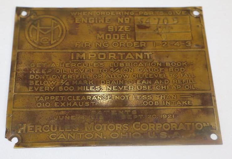 1921 Brass Hercules Motors Serial Data Tag Emblem (1 of 2)