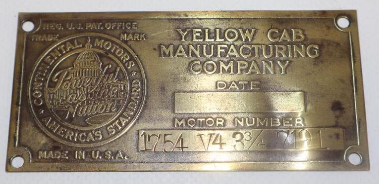 Yellow Cab Continental Motors Serial Data Tag Emblem (1 of 2)
