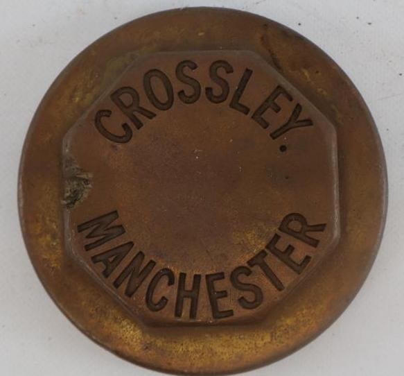 Crossley Manchester Brass Threaded Automobile Hubcap: 4.25" diameter