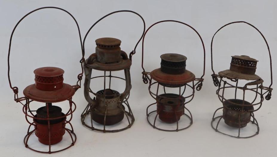 Group of 4 Dietz And Adams Westlake Rail Road Lanterns: 7" x 16" is largest, missing pieces and are in need of repair