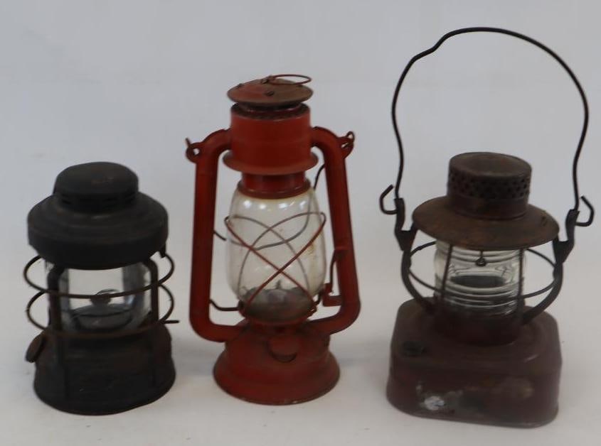 Group of 3 Dietz And Jupiter Rail Road Lanterns: 6" x 14.50" is largest, missing pieces and are in need of repair