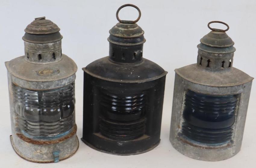 Group of 3 Triplex Rail Road Lanterns: 5.50" x 11" all same size, missing pieces and are in need of repair