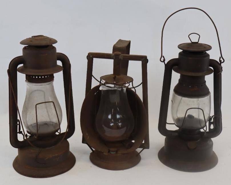 Group of 3 Dietz And Rayo Rail Road Lanterns: 8" x 15" largest, missing pieces and are in need of repair