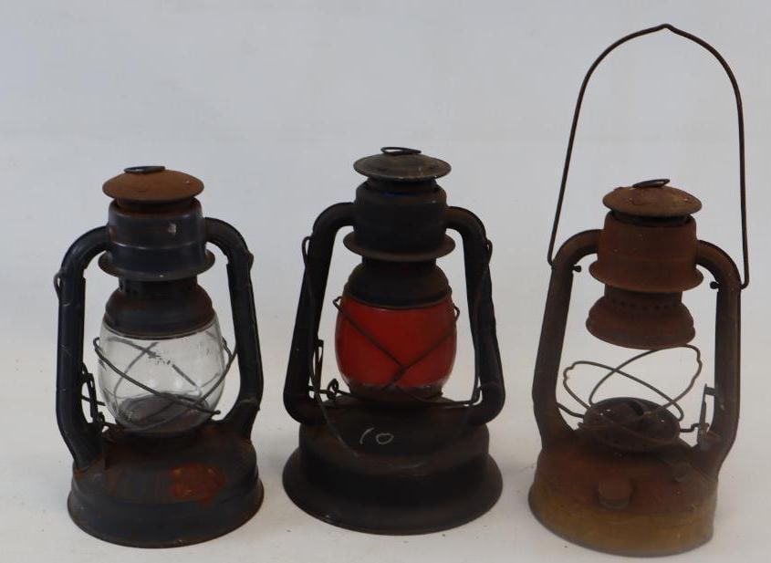 Group of 3 Dietz Rail Road Lanterns: 12" x 8" largest, missing pieces and are in need of repair