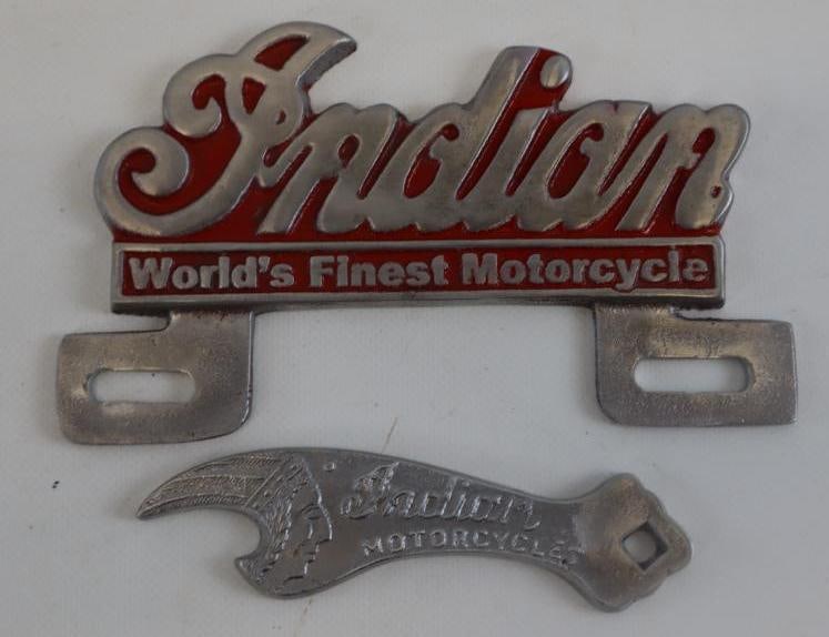 Group of 2 Recast Indian Worlds Finest Motorcycle License Plate Topper And Indian Motorcycle Wrench (1 of 2)
