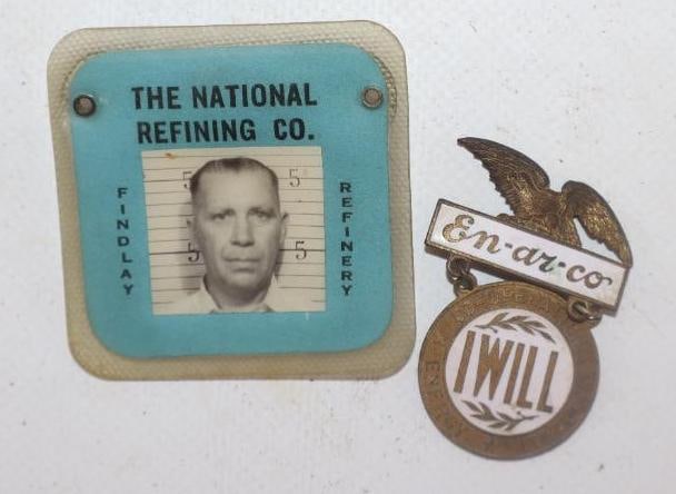 Group of 2 En-Ar-Co and National Refining Co Pin Back Badges: cloisonne, largest 2" x 2"