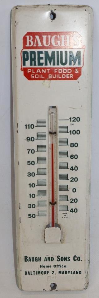 Baugh's Premium Plant Food and Soil Builder Advertising Metal Thermometer: 11''x3''x0.5''