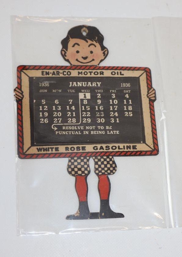 1936 En-Ar-Co Motor Oil and White Rose Gasoline Advertising Calendar: 7''x4.75'' head is detached