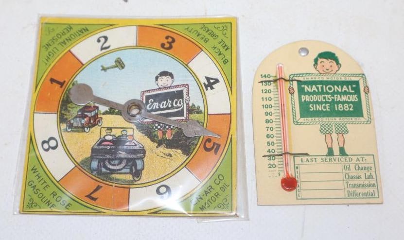 Group of 2 En-Ar-Co Pin Back Thermometer and Game Piece Spinner: largest 3" x 3"