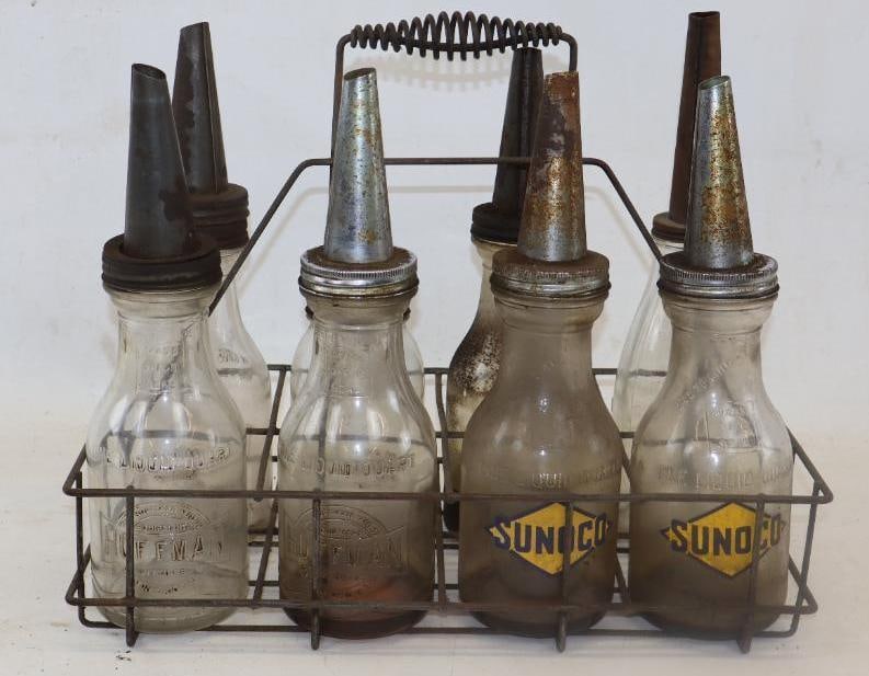 Group of 8 1 Quart Glass Bulk Oil Bottles w/ Carrying Rack Sonoco, Huffman, Handy Oiler (1 of 3)