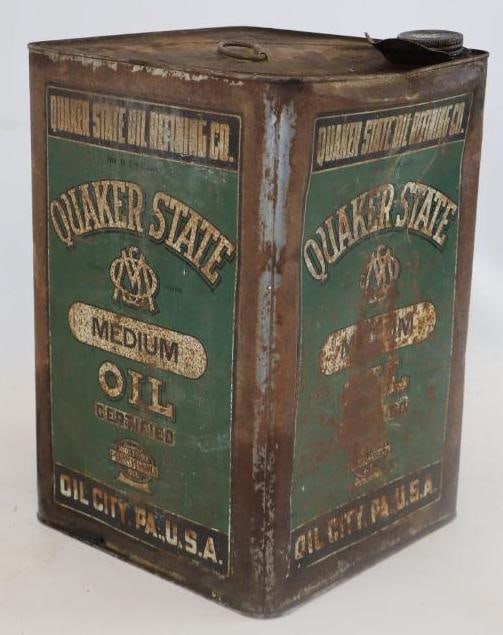 Quaker State Medium 5 Gallon Square Oil Can: Empty. Light surface rust and scratching throughout