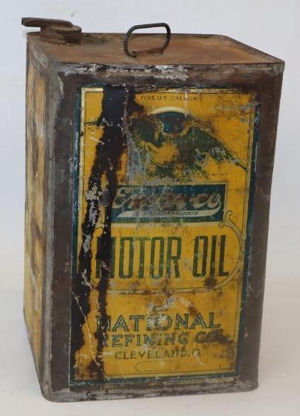 En-Ar-Co National Refining 5 Gallon Square Oil Can: Empty. Fading, light scratching, and surface rust throughout