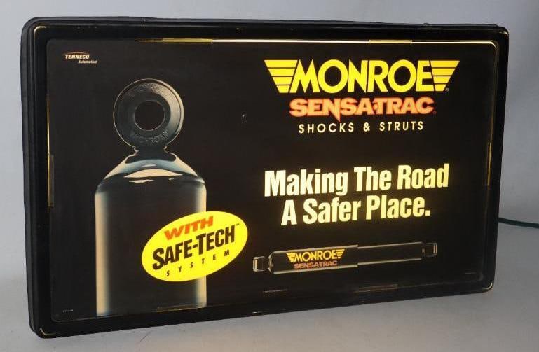 Monroe Sensa-Trak Shocks & Struts Light Up Advertising Sign: 27" x 16" x 5", in working condition