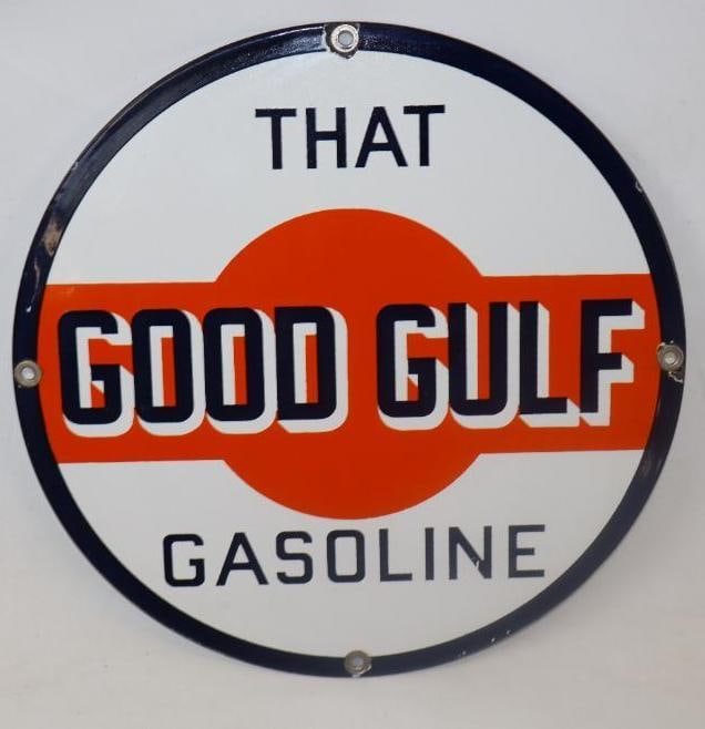 That Good Gulf Gasoline Porcelain Gas Pump Plate: 10 1/2" Diameter