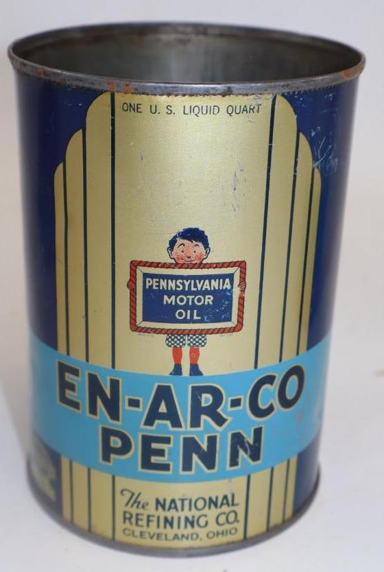 En-Ar-Co Penn Metal 1 Quart Oil Can: 32 ounces empty missing top lid