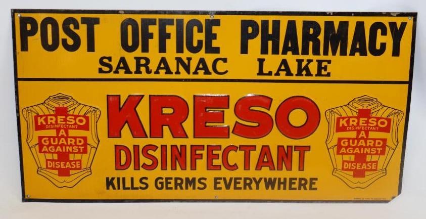 Embossed Kreso Disinfectant Kills Germs Everywhere Saranac Lake Single Sided Tin Tacker Advertising: 23" x 11 1/2" marked American Artworks inc. Coshocton OH