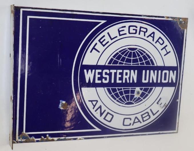 Western Union Telegraph and Cable Double Sided Porcelain Flange Advertising Sign (1 of 2)