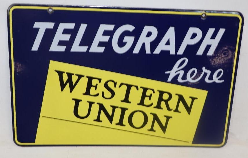 Western Union Telegraph here Double sided Porcelain Hanging Sign (1 of 2)