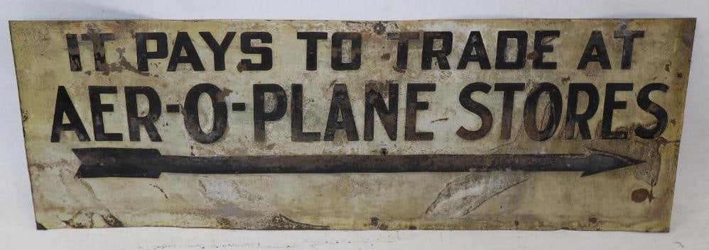 Embossed It Pays to Trade ar Aer-o-Planes Stores Tin Tacker Sign (1 of 2)