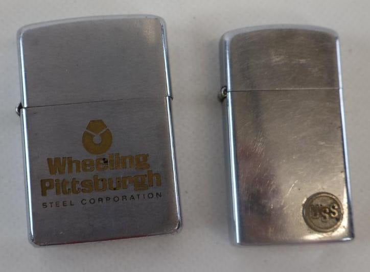 Group of 2 Wheeling And USS Zippo Lighters: 2.25" x 1.50" largest
