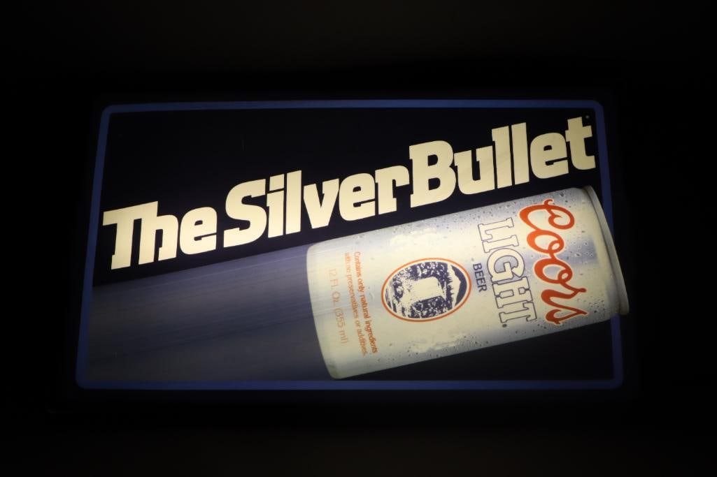 Coor's Light the Silver Bullet Light Up Advertising Sign: 15.5" x 25.5" x 5", in working condition