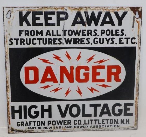Danger Keep Away High Voltage Grafton Power Co Littleton NH Double Sided Hanging Porcelain Sign (1 of 2)