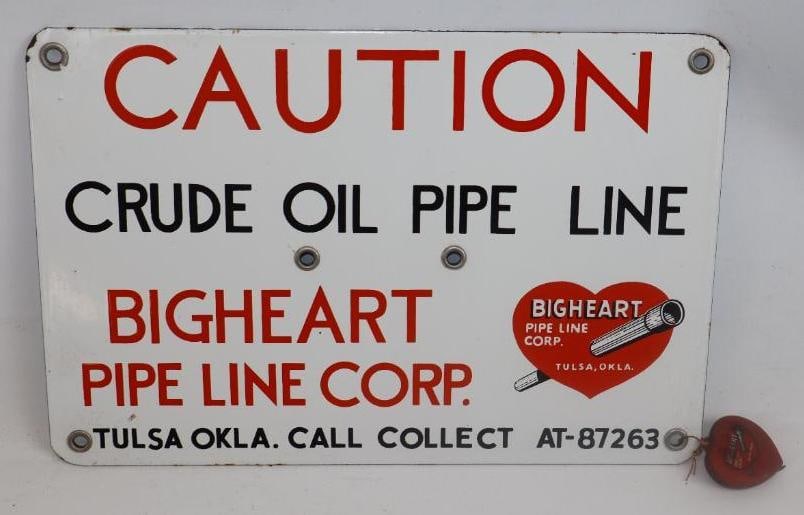 Bigheart Pipeline Caution Single Sided Porcelain Warning Sign Tulsa Oklahoma (1 of 2)