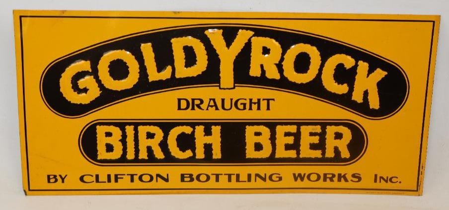 Embossed Goldyrock Birch Beer Single Sided Tin Advertising Sign: 20" x 9", marked The Novelty Advertising Company, Coshocton Ohio