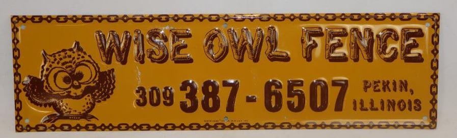 Embossed Wise Owl Fence Pekin Illinois Tin Tacker Advertising Sign (1 of 5)