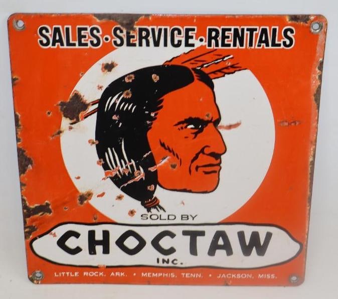 Choctaw Indian Incorporated Machinery Sales Service Rentals Advertising Single Sided Porcelain Sign (1 of 2)