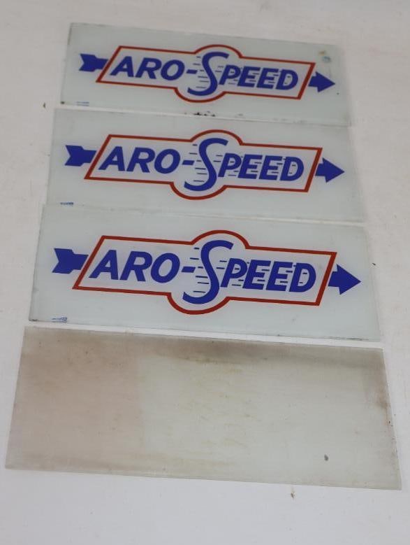 Group of 3 Aro-Speed and 1 Blank Gas Pump Advertising Signs: 10.75" x 4.75" each